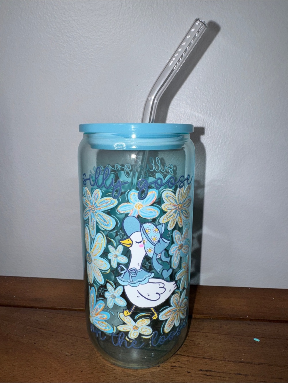 Blue Floral Goose Glass Tumbler with Straw